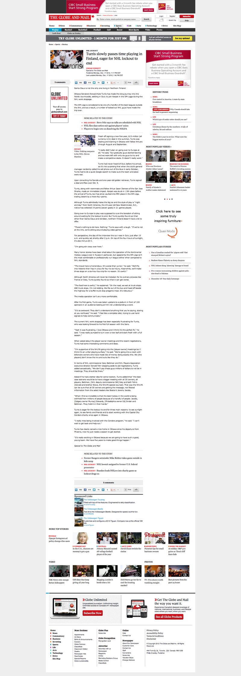 Illustration for article titled Why Did The Globe And Mail Take Down Its Story About How Kyle Turris Hates Finland?